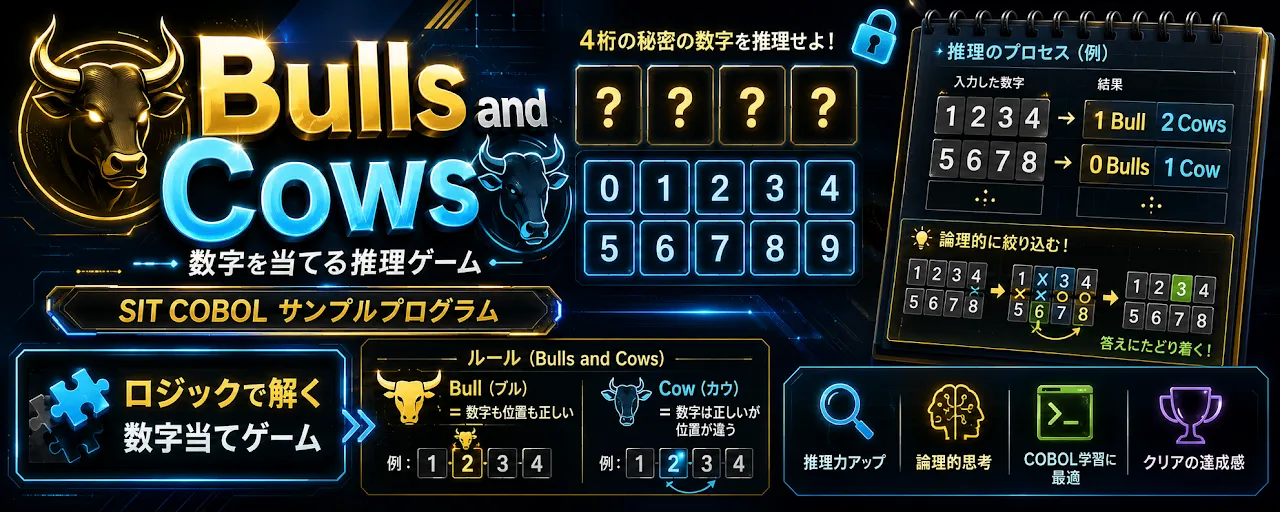 「Bulls and Cows — 数字を当てる推理ゲーム」のバナー。SIT COBOL サンプルプログラム